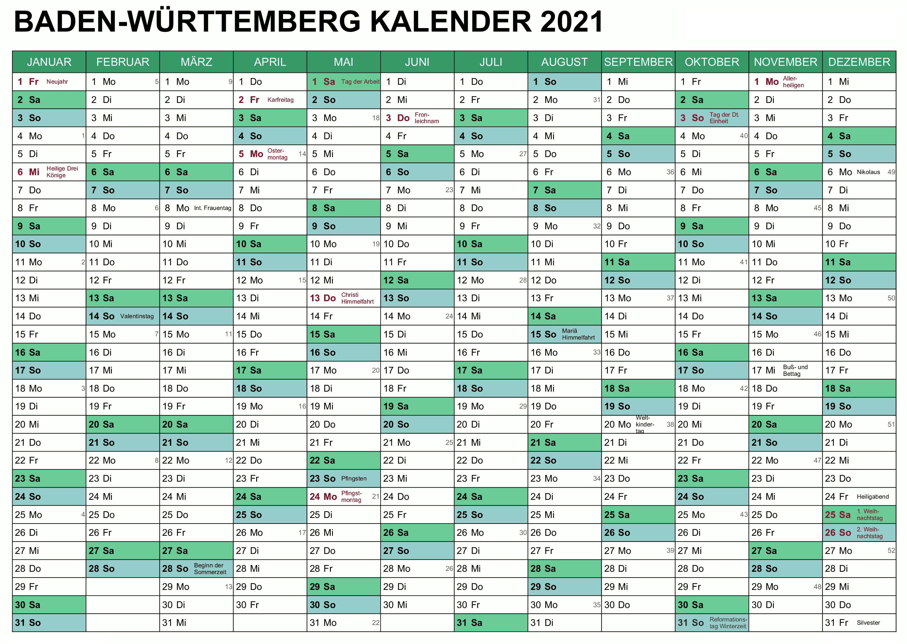 Sommerferien 2021 Baden-Württemberg Kalender PDF