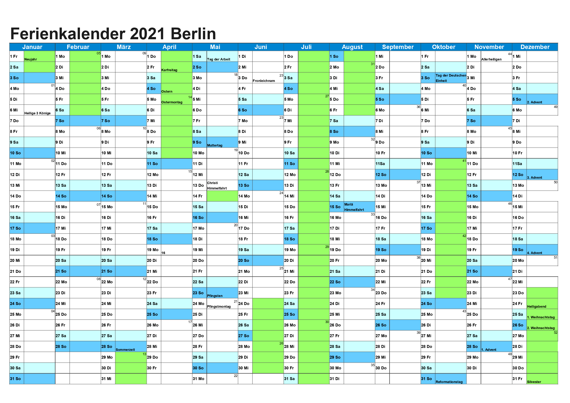 Sommerferien 2021 Berlin Kalender PDF