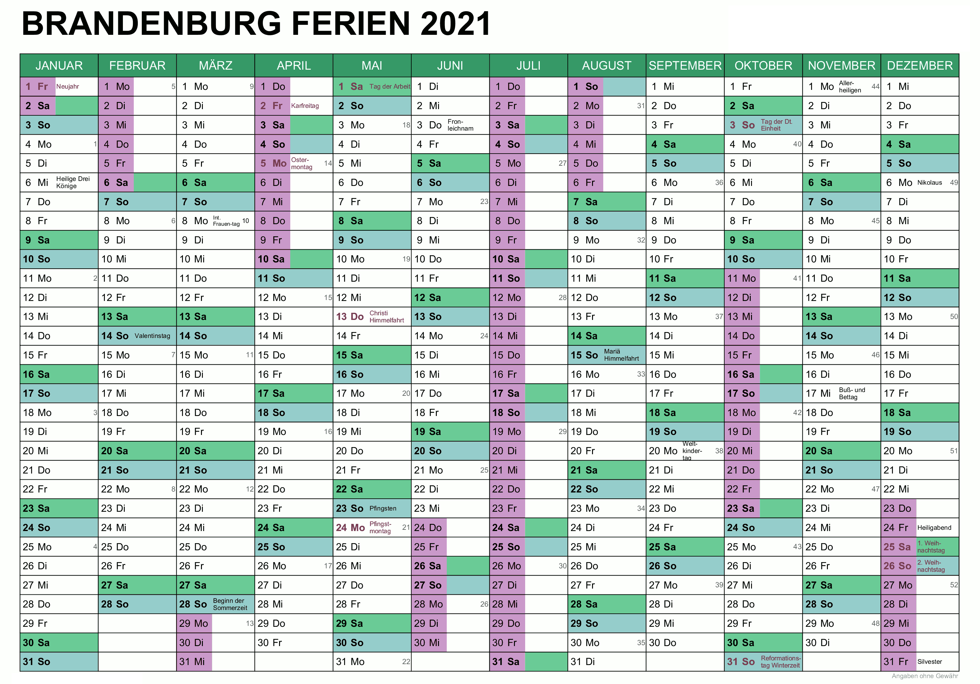 Sommerferien 2021 Brandenburg Kalender PDF
