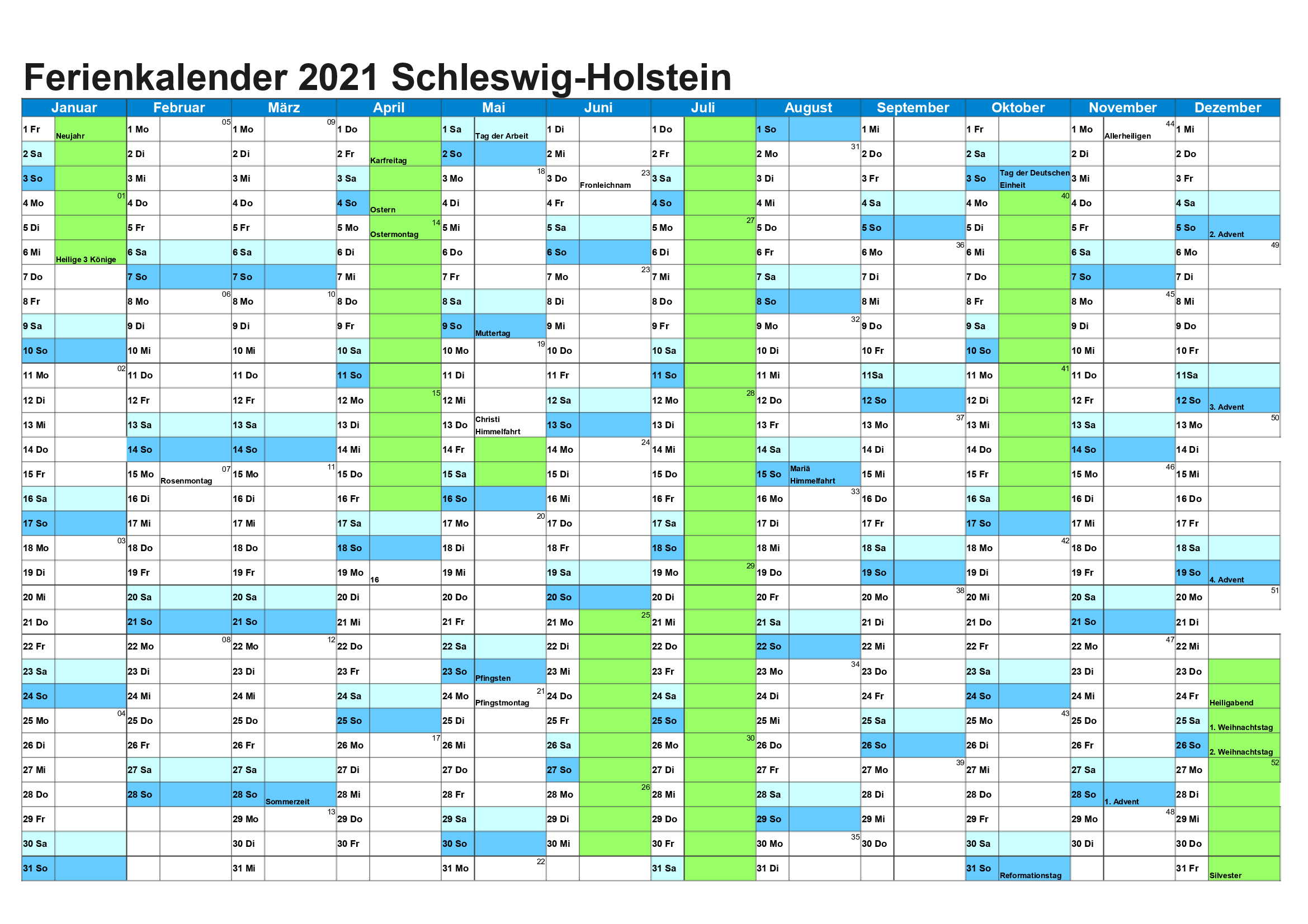 Sommerferien 2021 Schleswig-Holstein Kalender PDF