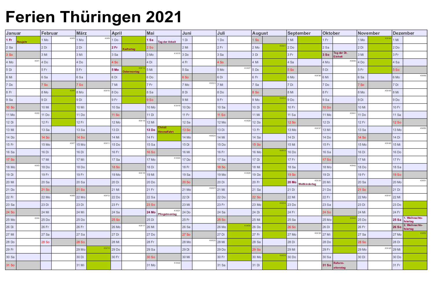 Sommerferien 2021 Thuringia Kalender PDF
