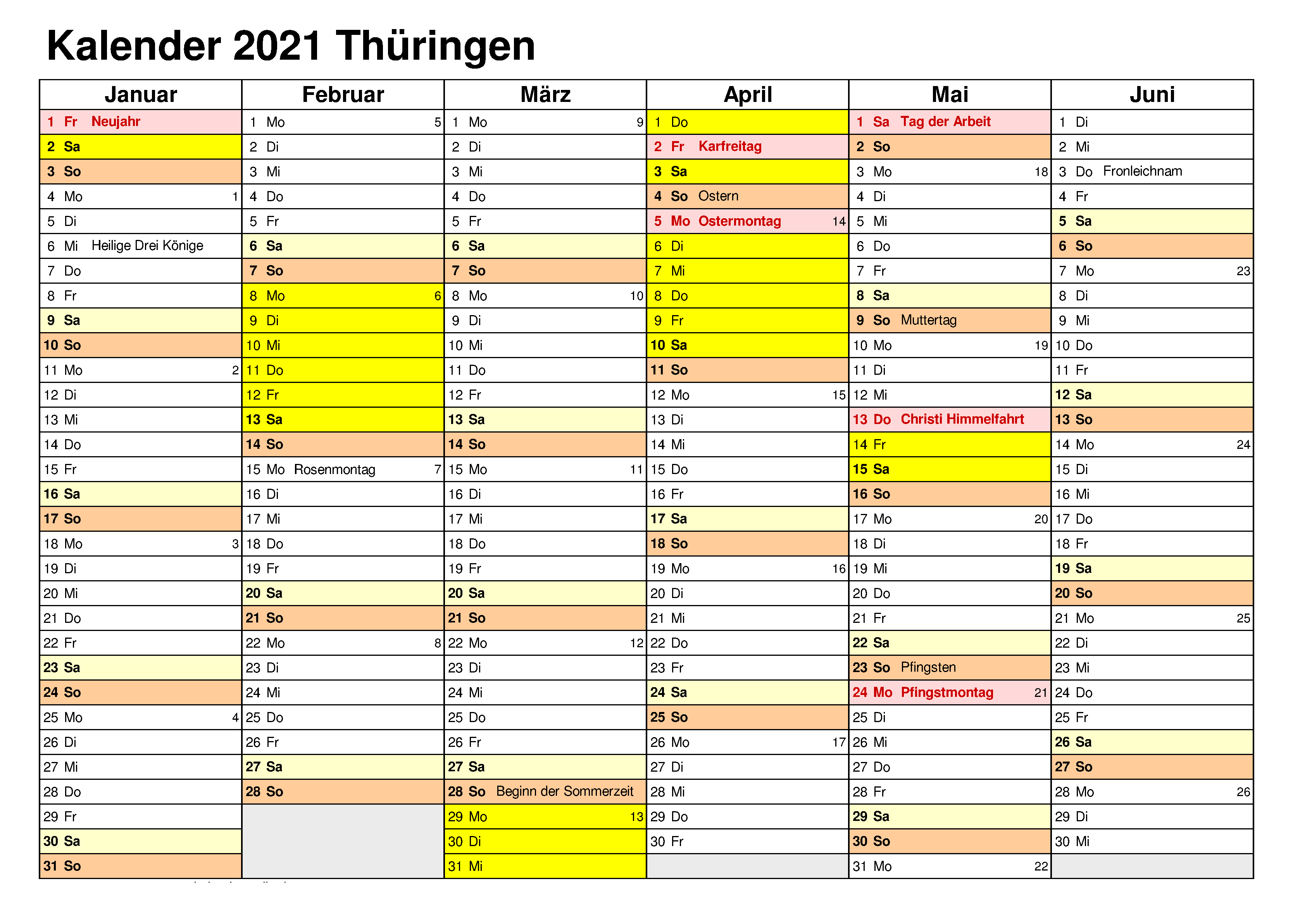 Sommerferien Thuringia 2021 Kalender Excel Word