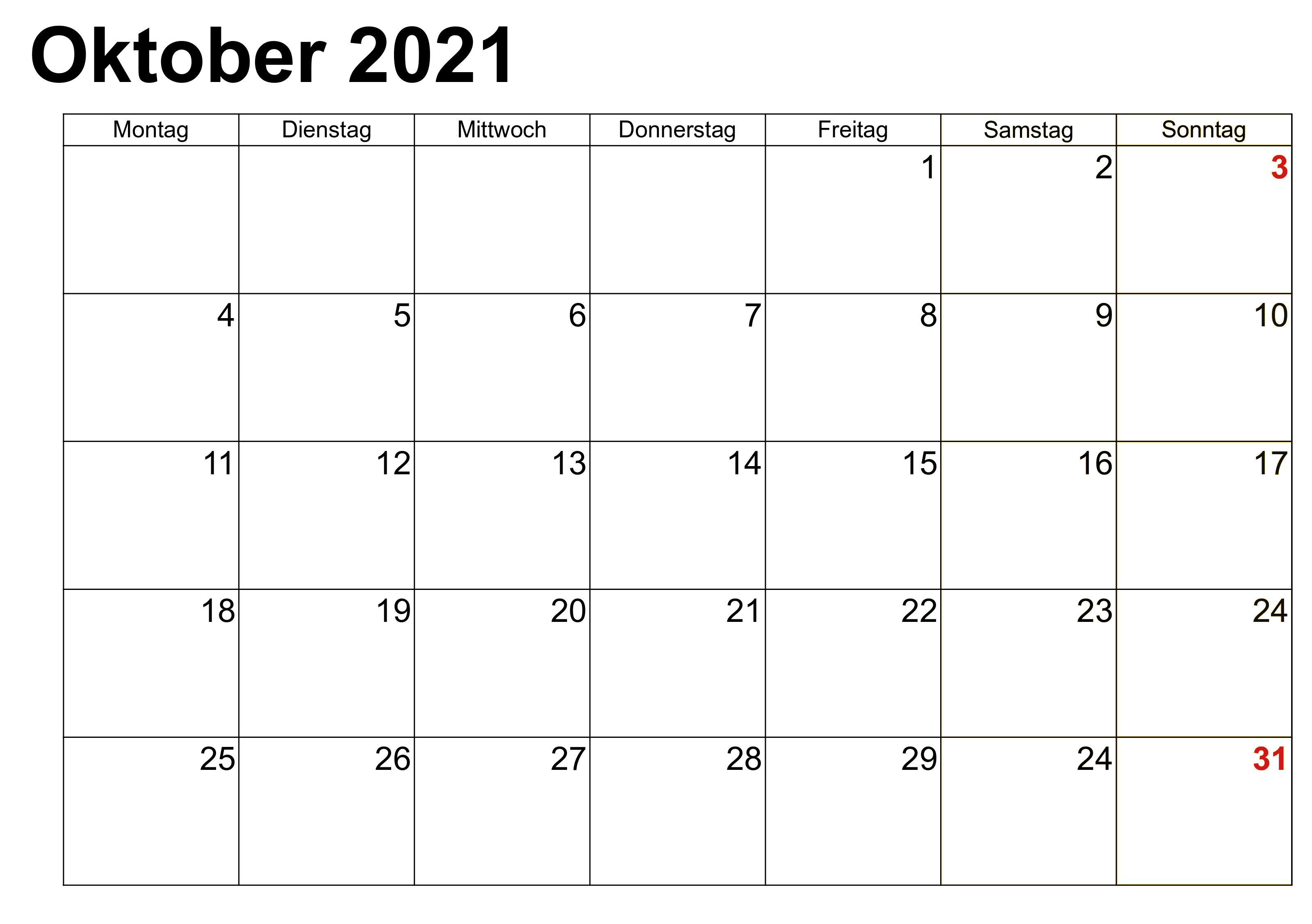 Monats Kalender Oktober 2021