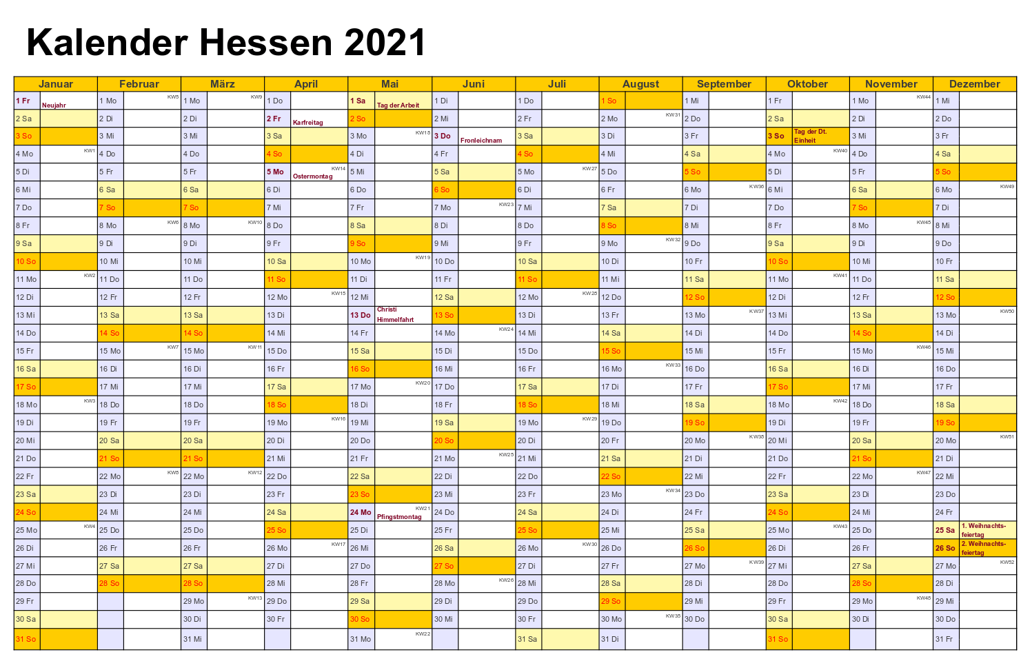 Feiertagen 2021 Hessen Kalender