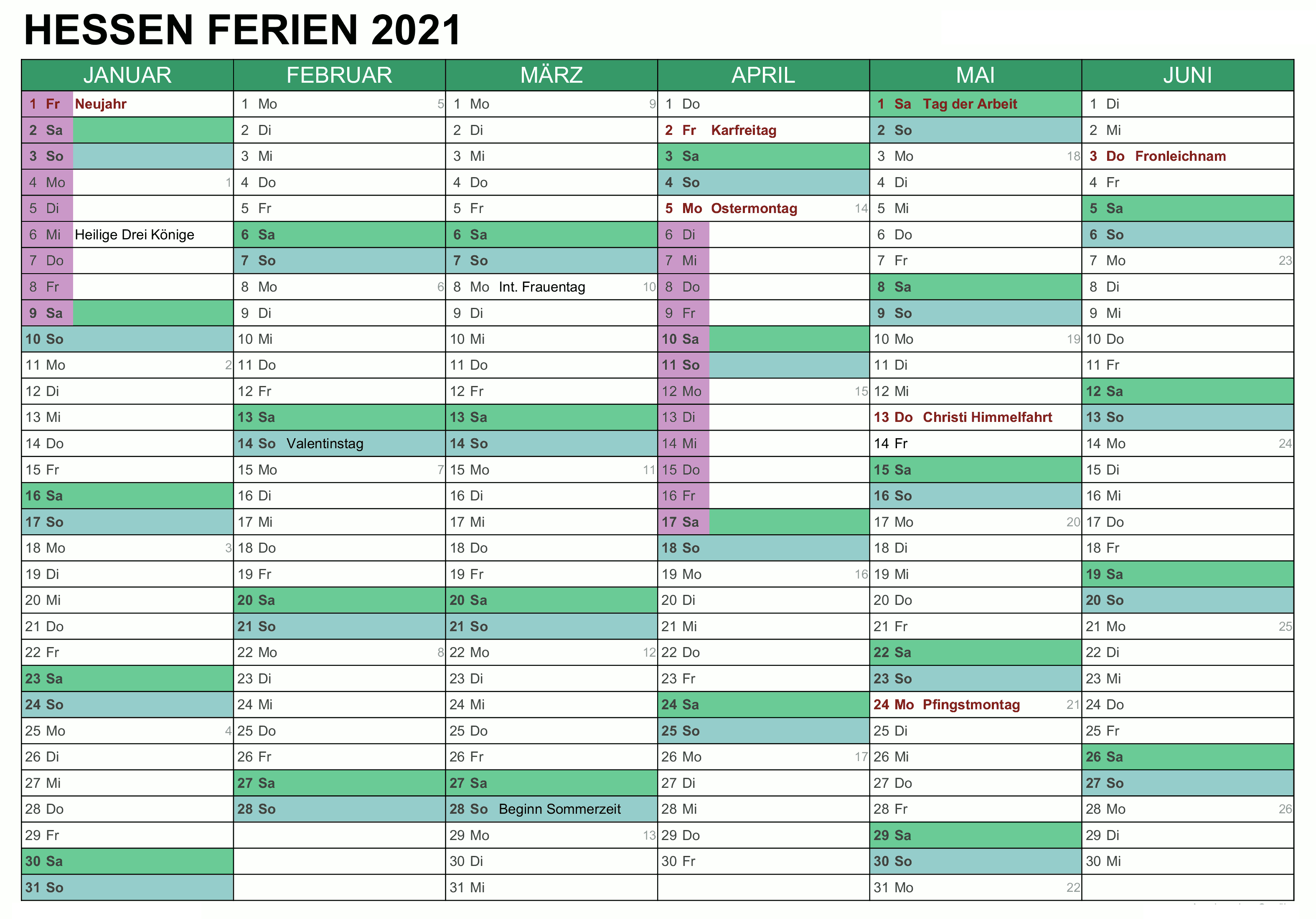 Sommerferien 2021 Hessen Kalender PDF