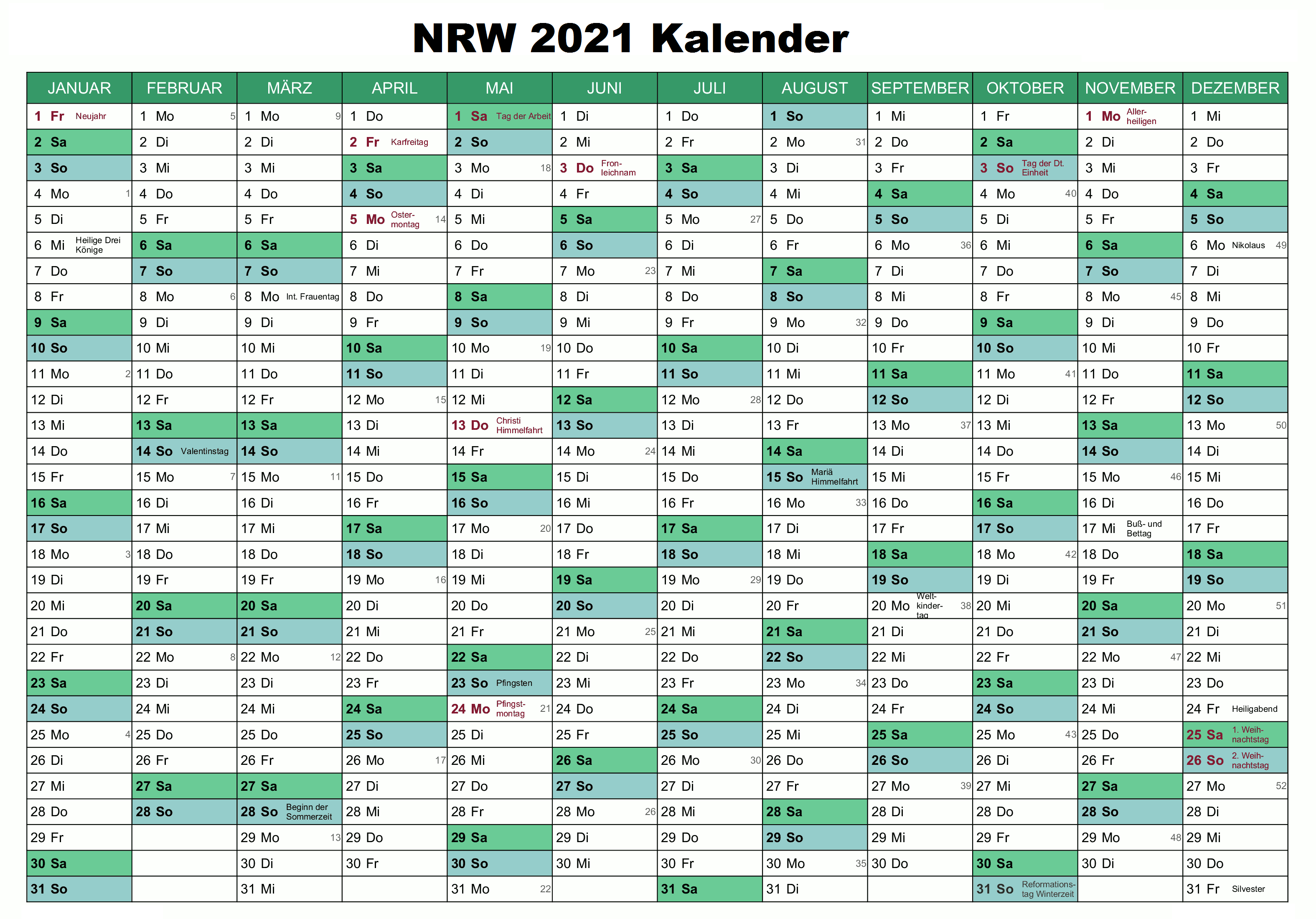 Feiertagen 2021 NRW Kalender