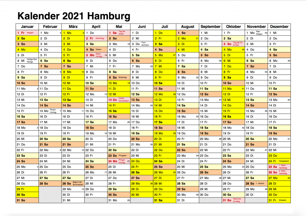 Feiertagen 2021 Hamburg Kalender