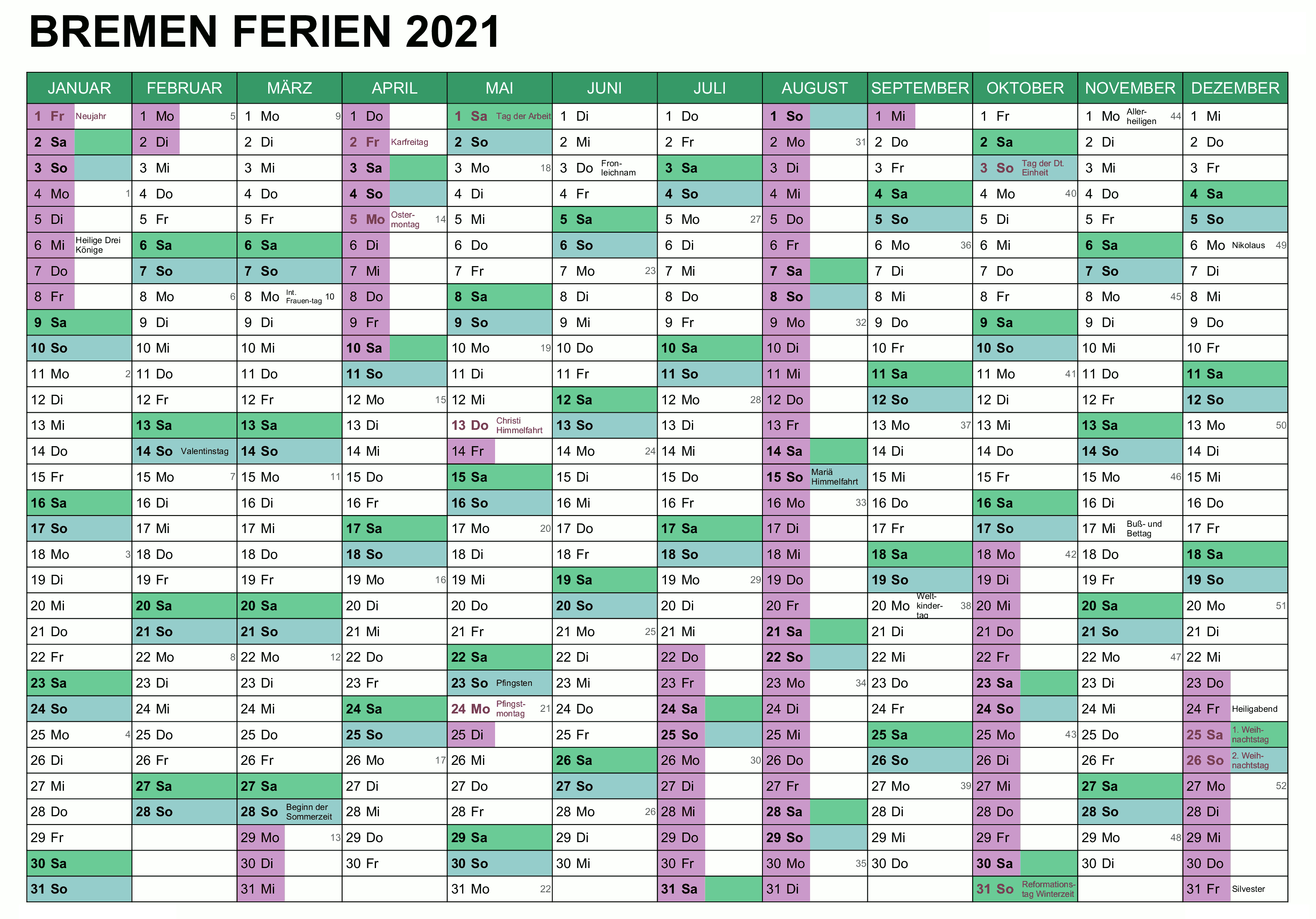 Sommerferien Bremen 2021 Kalender Excel Word