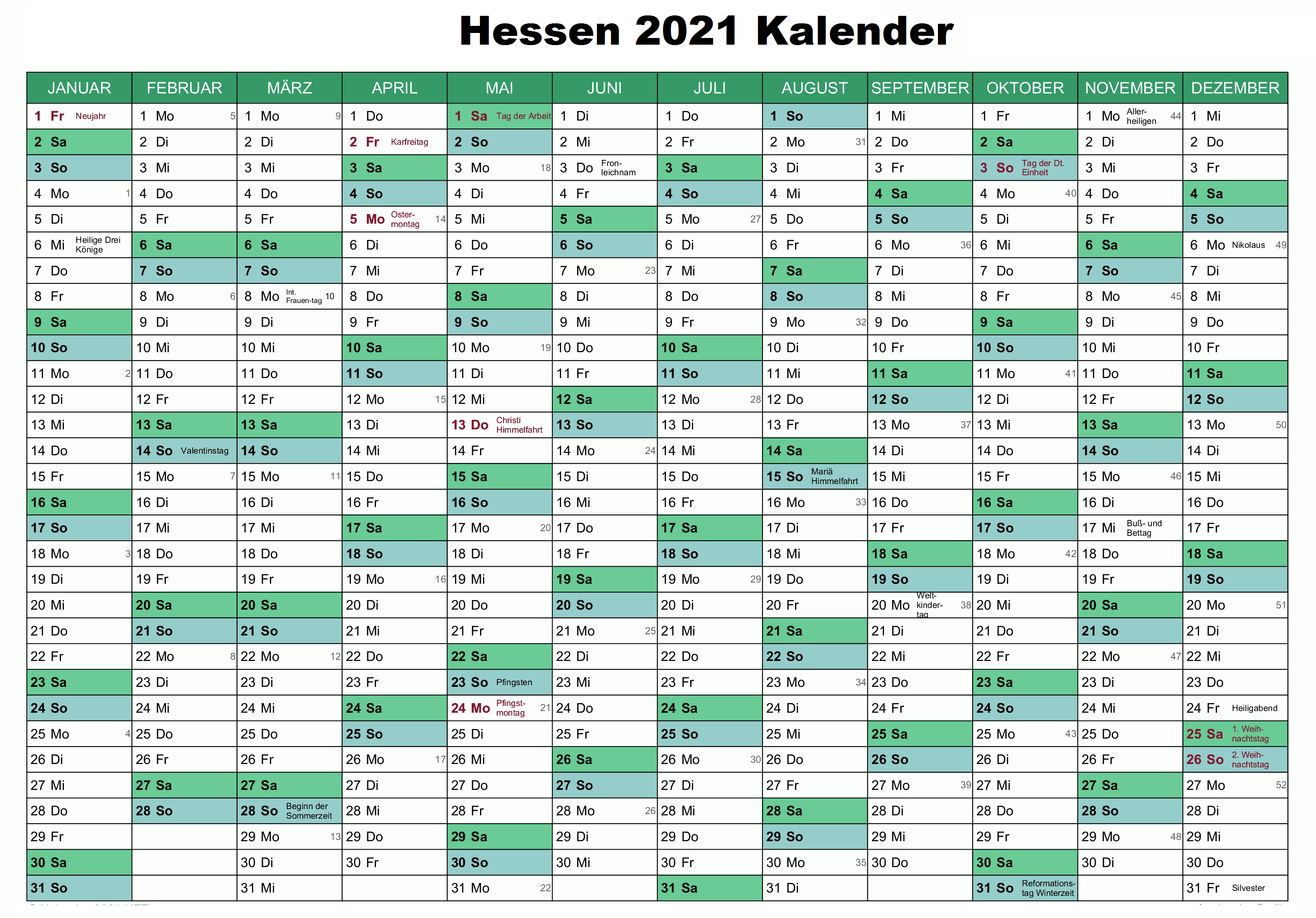 Hessen 2021 Kalender Zum Ausdrucken | Druckbarer 2021 Kalender