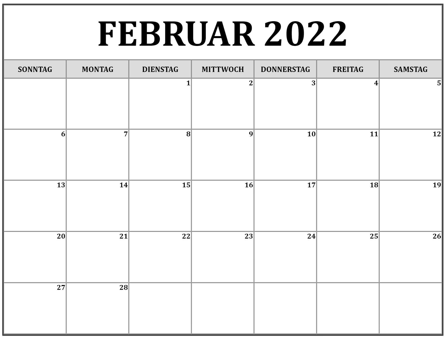Februar 2022 Kalender PDF