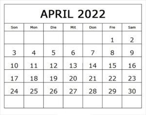April 2022 Kalender Ausdrucken