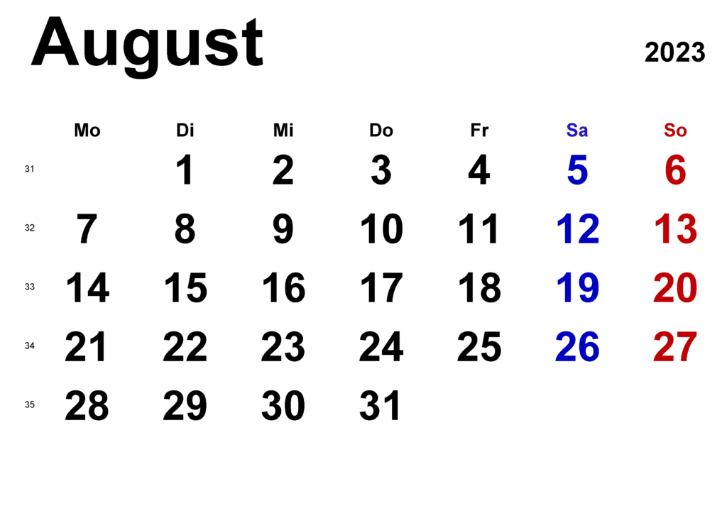 August 2023 Drucken Kalender