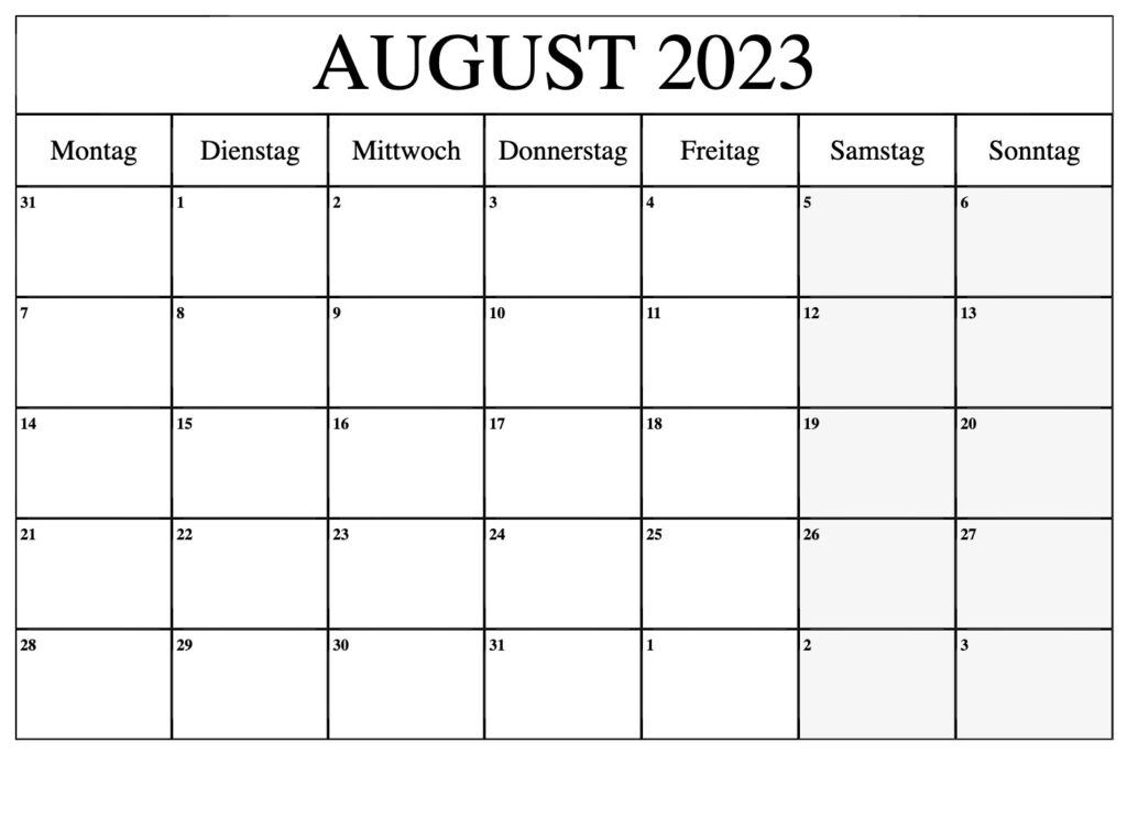 August 2023 Kalender Ausdrucken