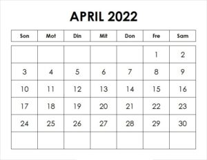 Kalender April 2022 Vorlage