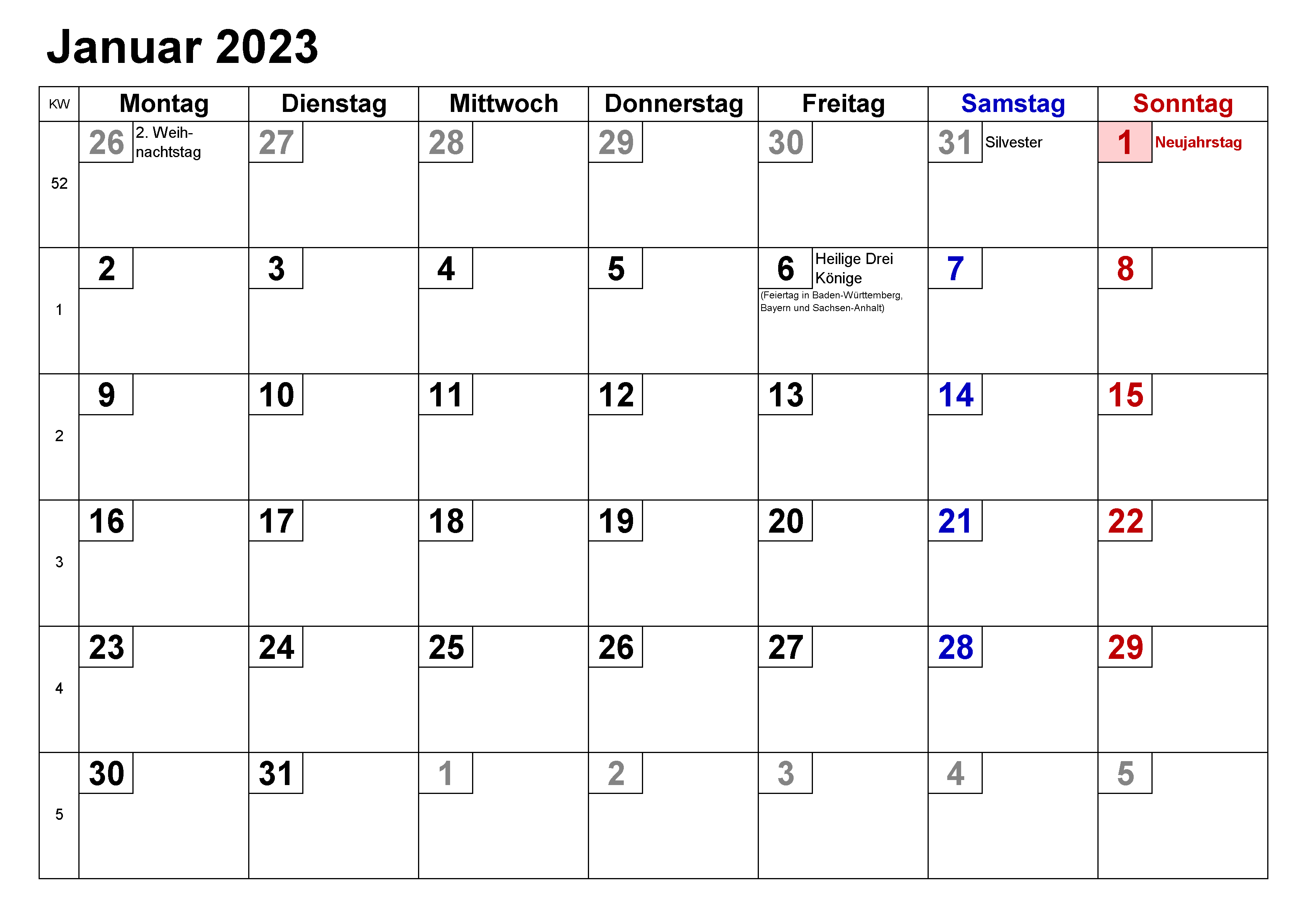 Januar 2023 Kalender PDF