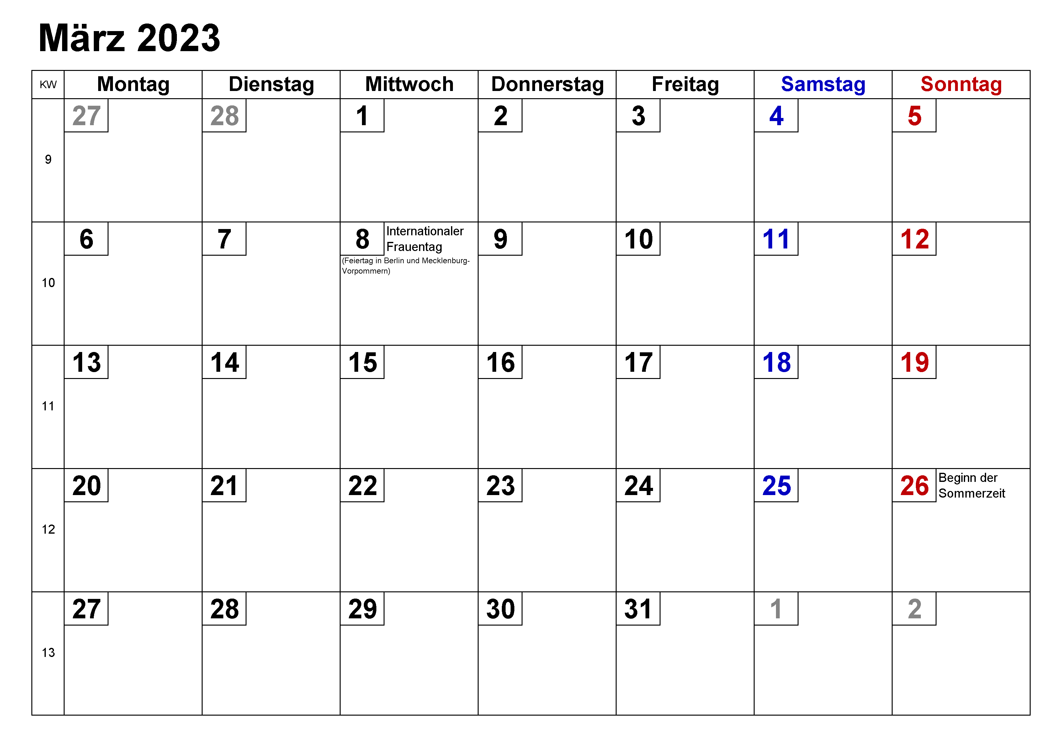 Kalender März 2023 Drucken