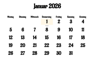 Januar 2026 Feiertags Kalender
