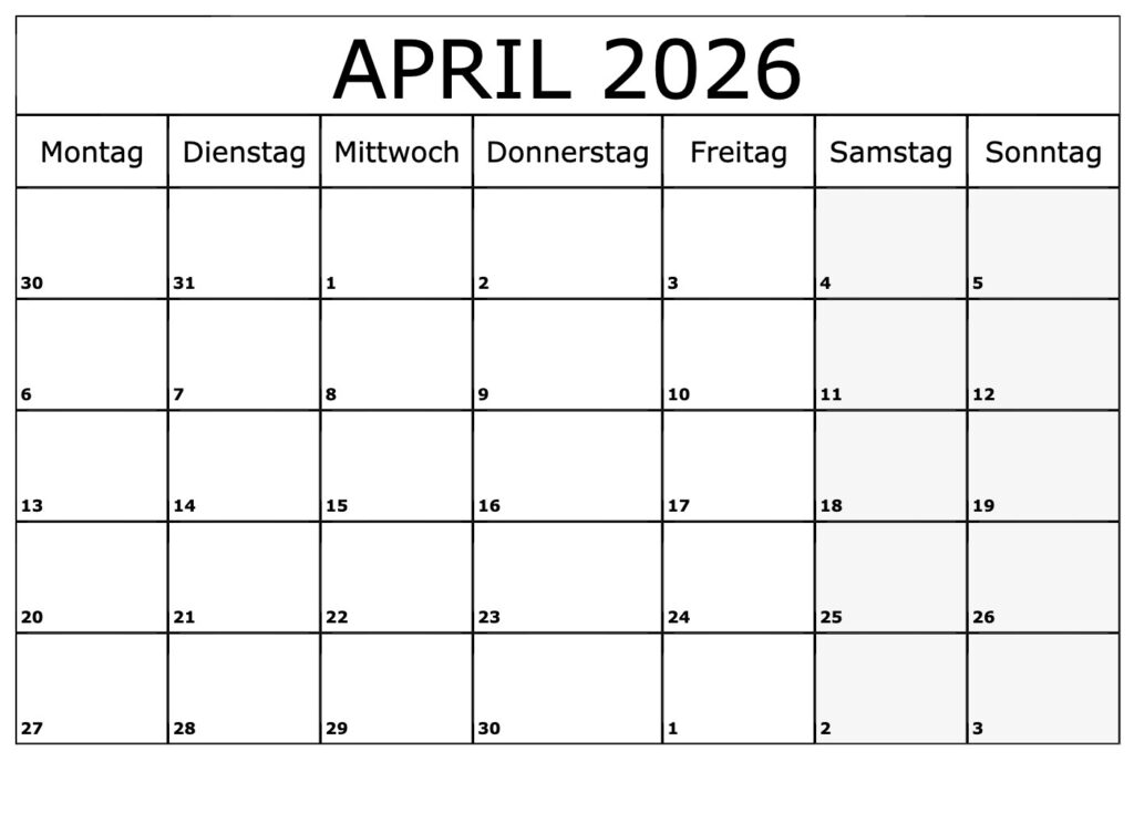 Kalender 2026 April Zum Ausdrucken