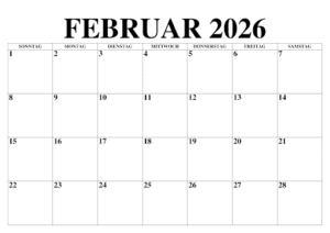 Kalender Februar 2026 Ausdrucken