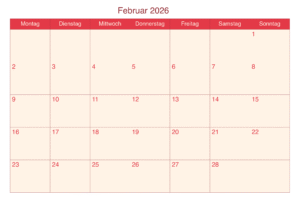 Kalender Februar 2026 Vorlage