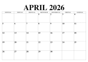 Monats Kalender April 2026