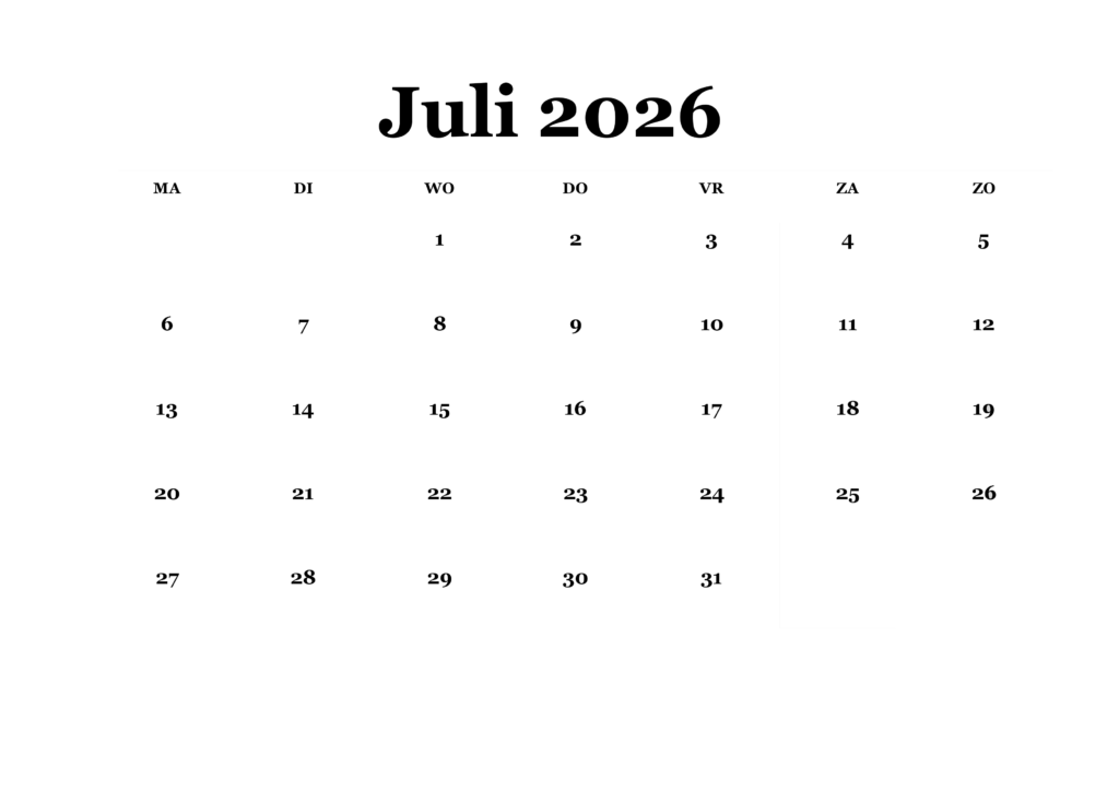 Kalender 2026 Juli Zum Ausdrucken