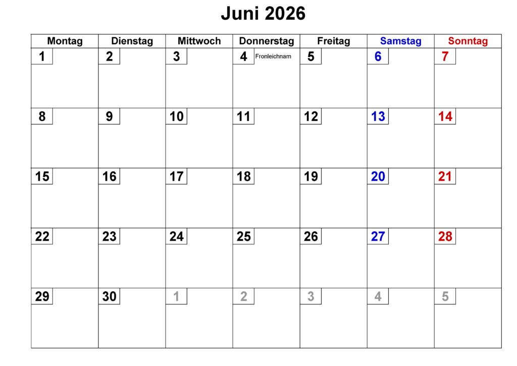 Kalender 2026 Juni Zum Ausdrucken
