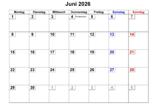 Kalender 2026 Juni Zum Ausdrucken