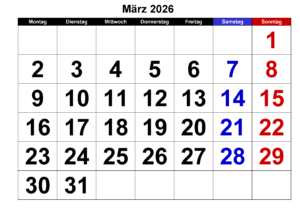 Kalender 2026 März Zum Ausdrucken