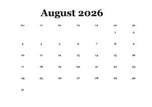 Kalender August 2026 Ausdrucken