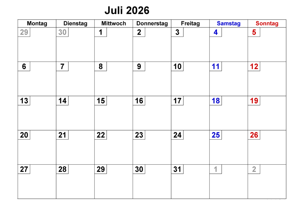 Kalender Juli 2026 Drucken