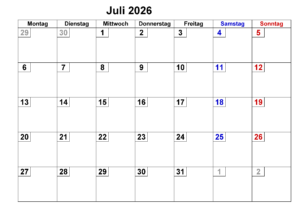 Kalender Juli 2026 Drucken