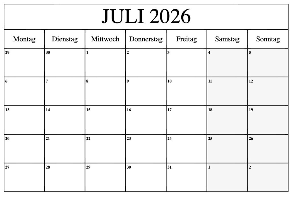Kalender Juli 2026 Vorlage
