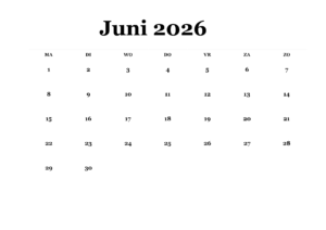 Kalender Juni 2026 Vorlage