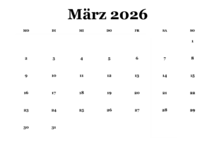 Kalender März 2026 Drucken