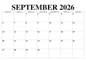 Frei Kalender September 2026 Ausdrucken