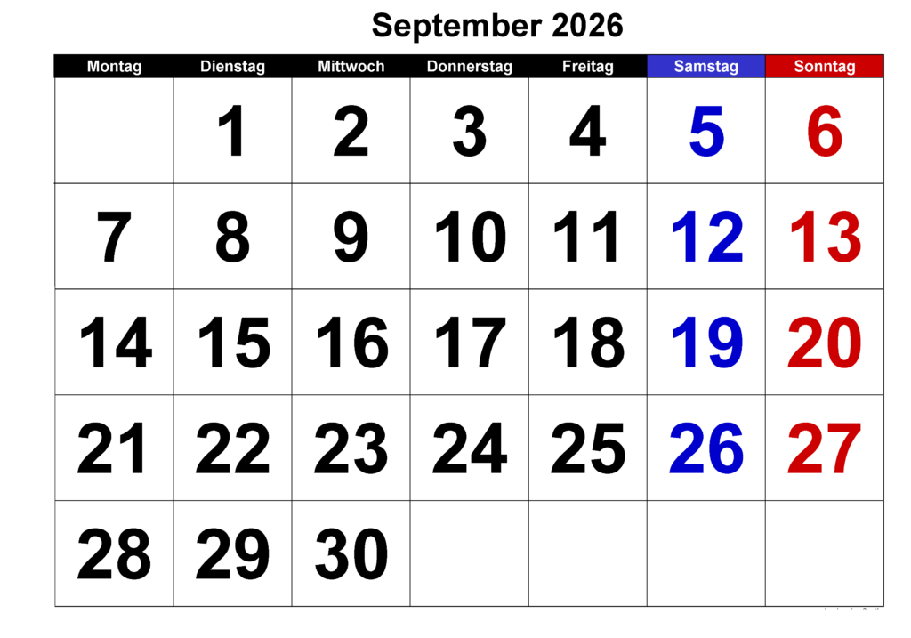 Kalender September 2026 Ausdrucken
