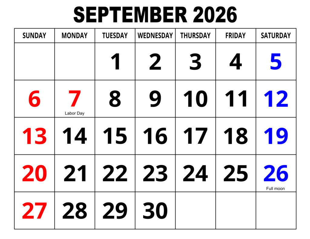 Kalender September 2026 Vorlage